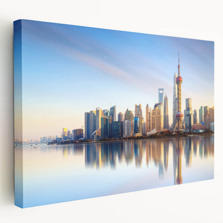 Large canvas print of Shanghai skyline in muted gray and blue tones, ideal for kitchen wall art.