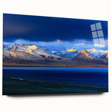 Large abstract wall art depicting a serene Tibetan landscape in muted earth tones on acrylic glass.