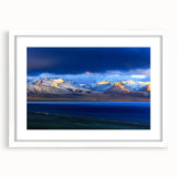 Abstract art print of a Tibetan landscape in muted earth tones on a framed canvas, ideal for dining room decor.