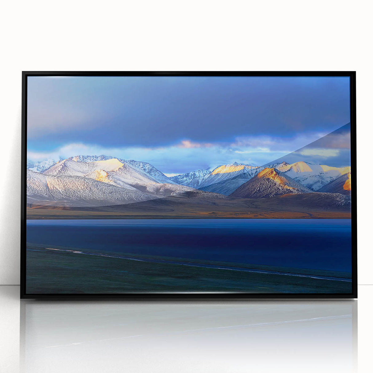 Large abstract wall art depicting a Tibetan landscape in muted earth tones on a framed acrylic.