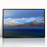 Large abstract wall art depicting a Tibetan landscape in muted earth tones on a framed acrylic.