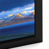 Extra large framed canvas featuring a textured, colorful Tibetan landscape in black with vibrant hues.