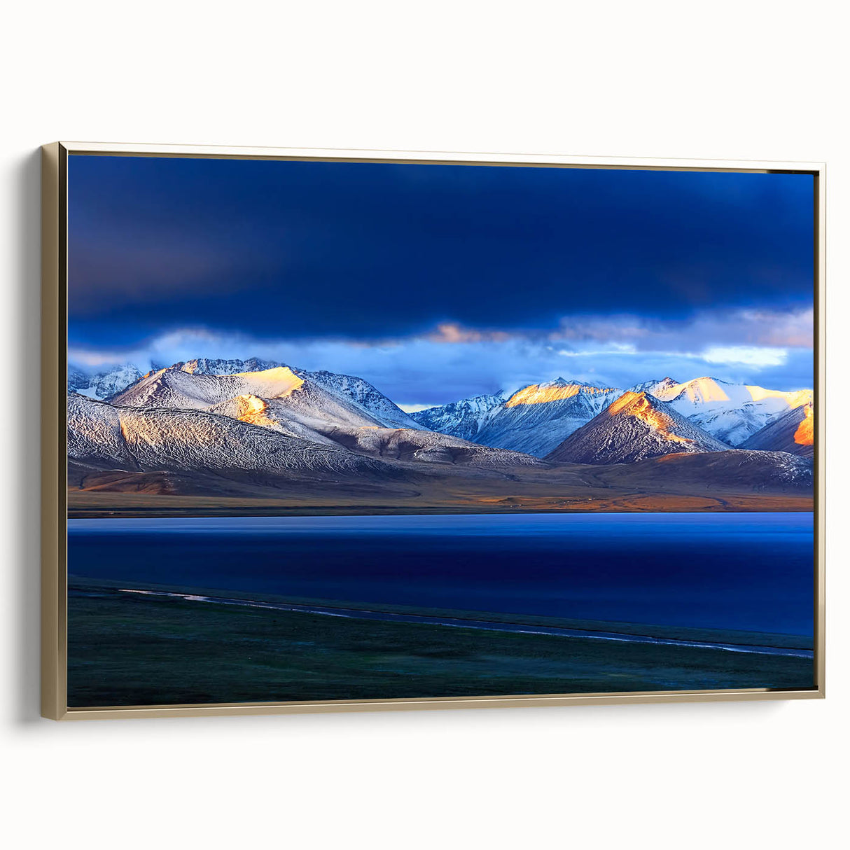 Framed canvas depicting a vintage-style Tibetan landscape in muted gold and black tones, ideal for bedroom wall art.