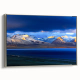Framed canvas landscape painting of Tibet with colorful elements on a black background, ideal for living room decor.