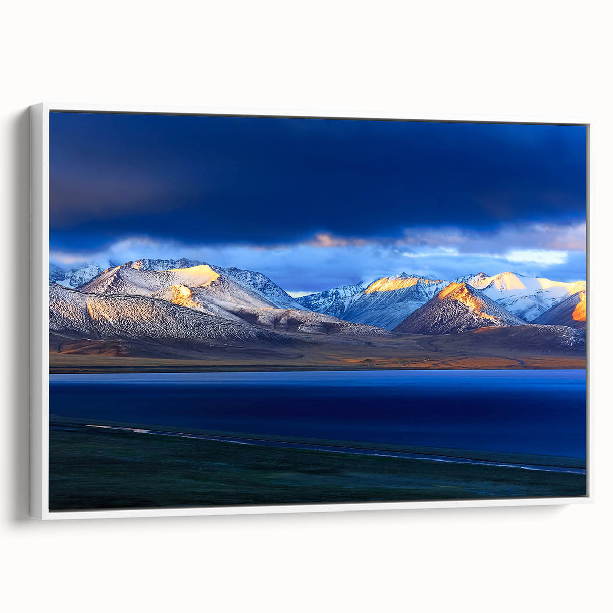 Vintage poster art of Tibet scenery on extra large framed canvas, featuring colorful art with black edges.