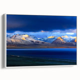Vintage poster art of Tibet scenery on extra large framed canvas, featuring colorful art with black edges.