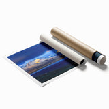 Extra large rolled print featuring a serene Tibetan landscape with floral elements in soft blues and greens.