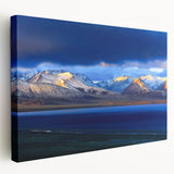 Large stretched canvas depicting a serene Tibetan landscape in muted earth tones, ideal for kitchen wall art.