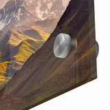 Large abstract wall art featuring geometric shapes in earth tones on acrylic glass, suitable for dining room ambiance.