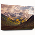 Landscape painting of Georgian scenery on acrylic glass, featuring earthy tones, ideal for dining room decor.