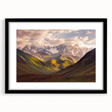 Extra large abstract art print featuring colorful, textured scenery of an Asian landscape on a framed canvas.