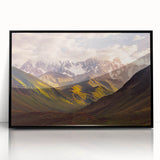 Large abstract wall art featuring a mid-century modernist style with a blend of muted earth tones, framed in black acrylic.