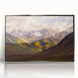 Mid-century modernist art depicting a serene Georgian landscape in muted earth tones on a framed acrylic print.