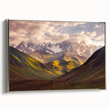 Framed canvas featuring a vintage-style landscape art painting of a Georgian scene in muted silver and black tones.