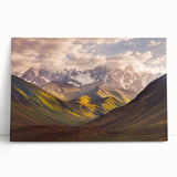 Large black and white stretched canvas of a Georgian Asian landscape, ideal for kitchen wall art.