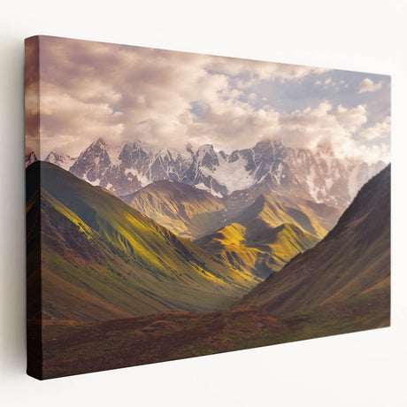 Large canvas print of a serene Georgian landscape in muted green and blue tones, ideal for kitchen wall art.