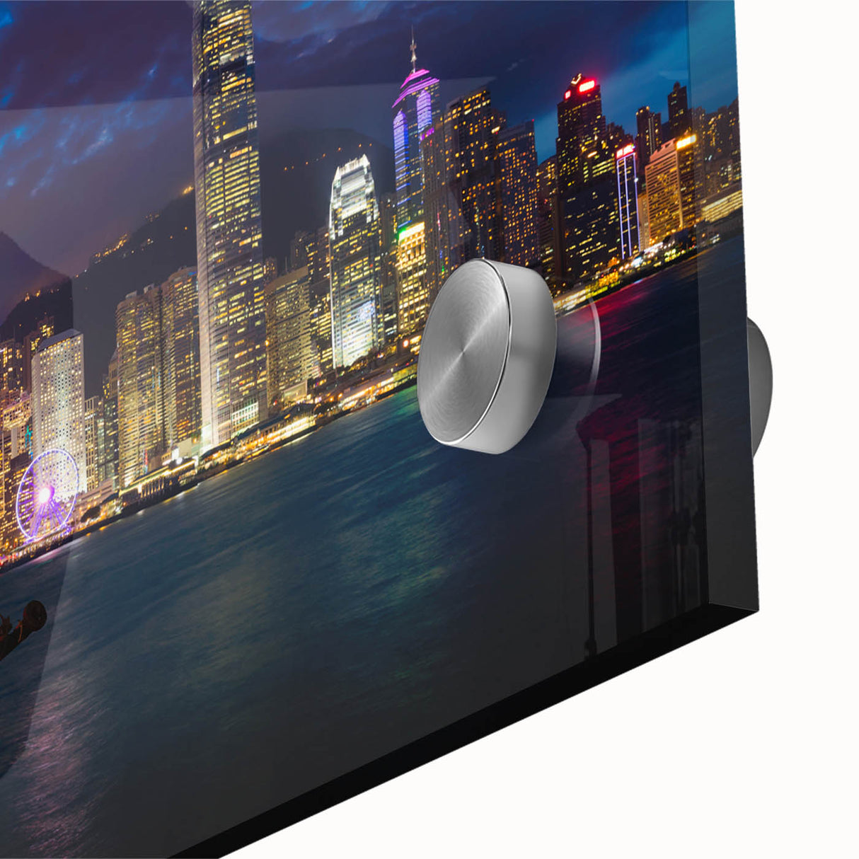 Large abstract depiction of Hong Kong skyline in muted colors on acrylic glass, suitable for dining room art.