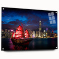 Acrylic print of Hong Kong skyline in muted gray, ideal for modern bedroom ambiance.