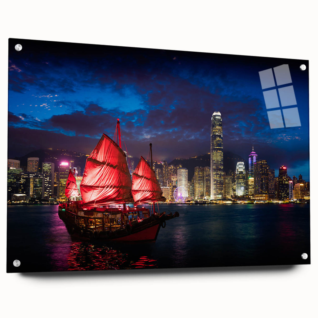 Acrylic print of Hong Kong skyline in muted gray, ideal for modern bedroom ambiance.