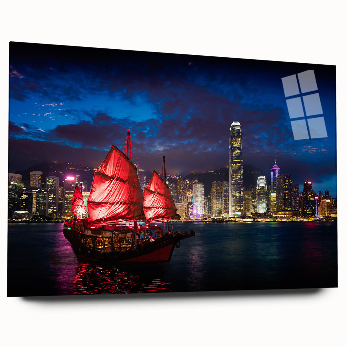Acrylic print of a large abstract depiction of the Hong Kong skyline in muted gray and blue tones.