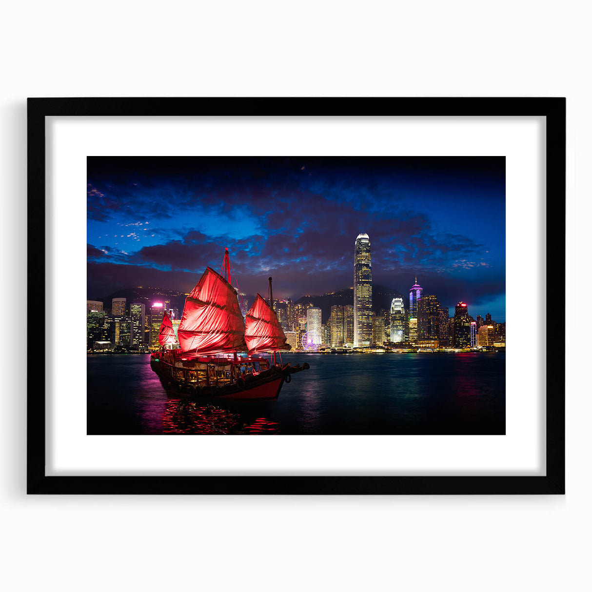 Extra large, textured abstract art print of colorful Hong Kong scenery on a black framed canvas.