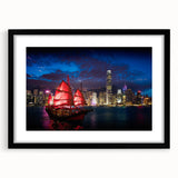 Extra large, textured abstract art print of colorful Hong Kong scenery on a black framed canvas.