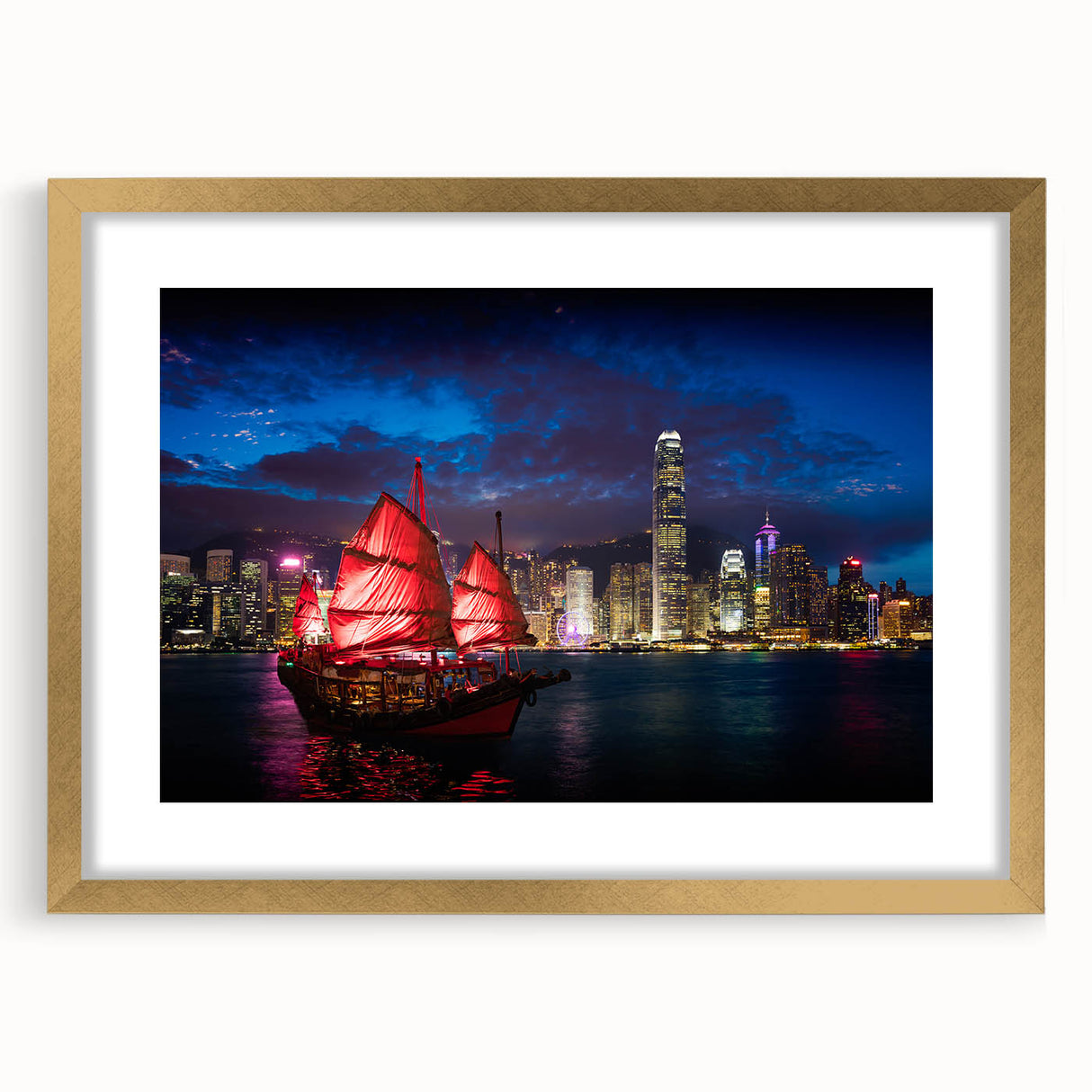 Extra large abstract art print of Hong Kong skyline in gold frame, featuring textured brush strokes in muted colors.