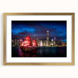 Extra large abstract art print of Hong Kong skyline in gold frame, featuring textured brush strokes in muted colors.