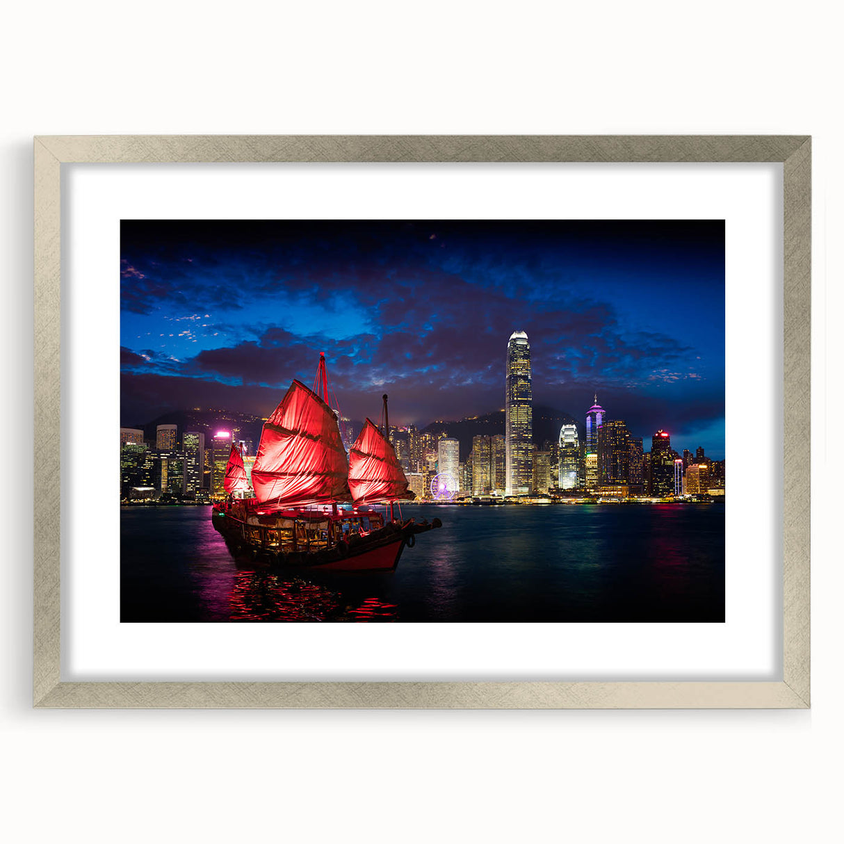 Textured art print of abstract Hong Kong skyline in muted grays and blues, framed in silver, ideal for bedroom decor.