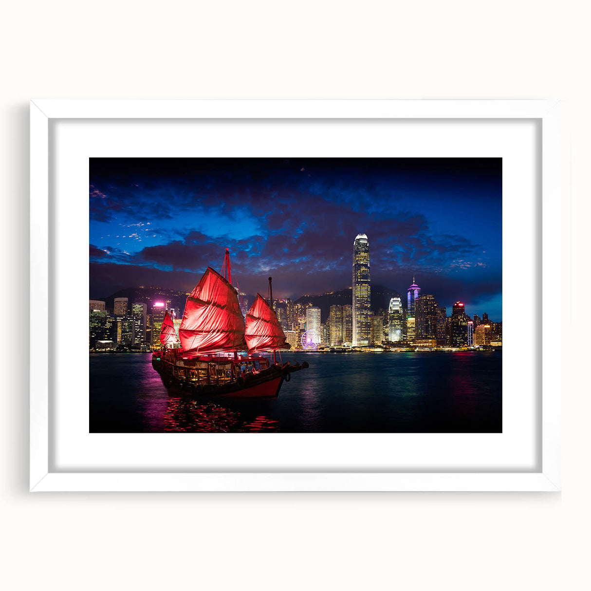 Abstract art print of Hong Kong skyline in muted gray and blue tones on a framed white mat.