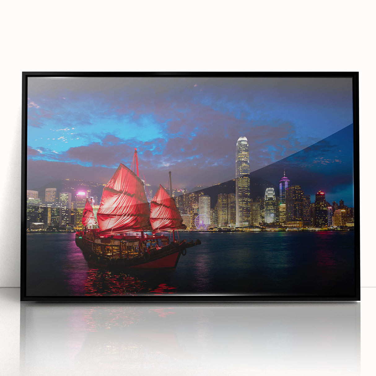 Large abstract wall art depicting the Hong Kong skyline in black and white tones, acrylic print framed in black.