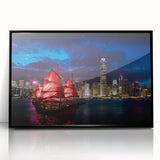 Large abstract wall art depicting the Hong Kong skyline in black and white tones, acrylic print framed in black.