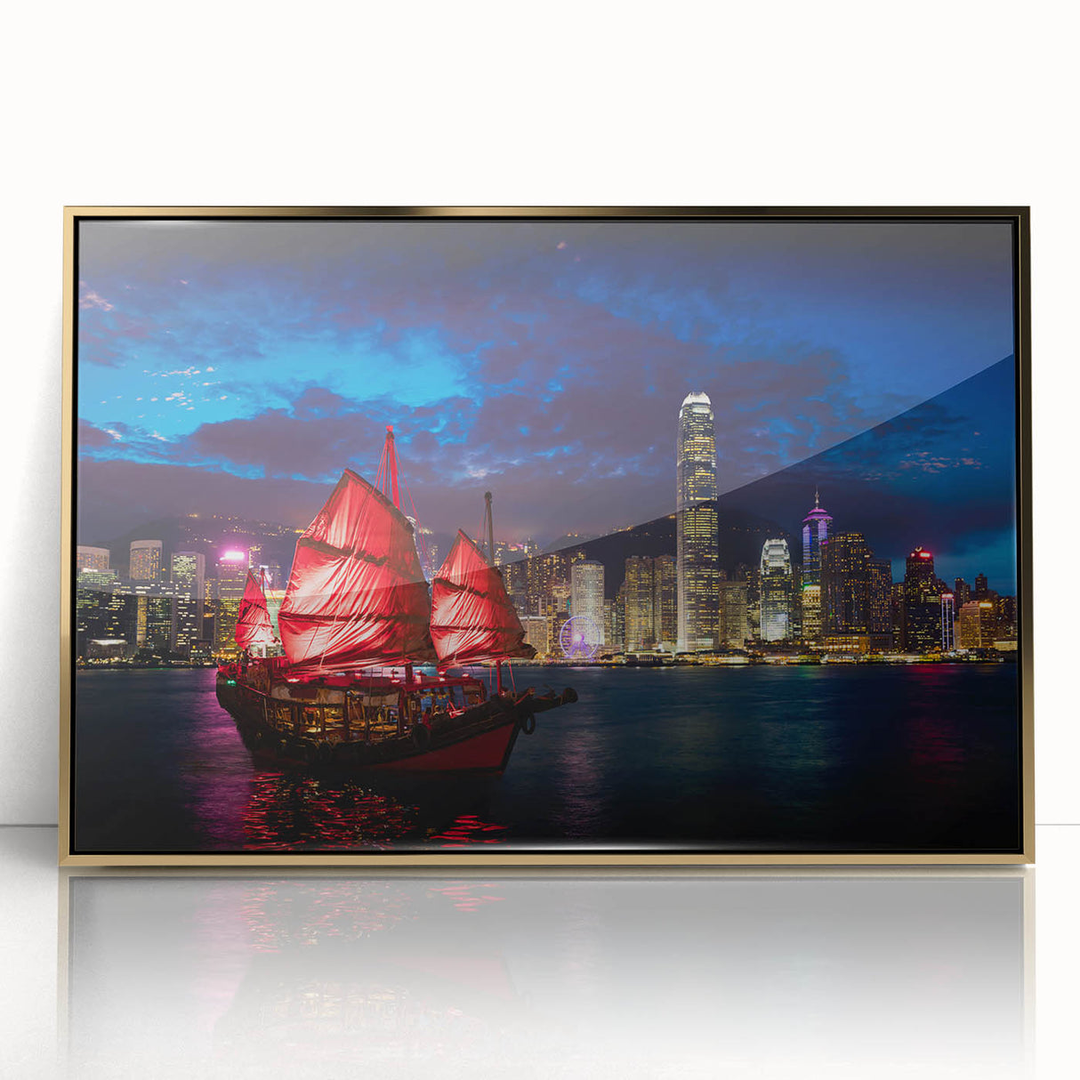 Acrylic print of Hong Kong skyline in gold tones, framed, ideal for modern art wall decor.