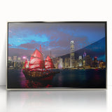 Mid-century modernist art depicting the Hong Kong skyline in acrylic, framed in silver, suitable for modern art wall decor.