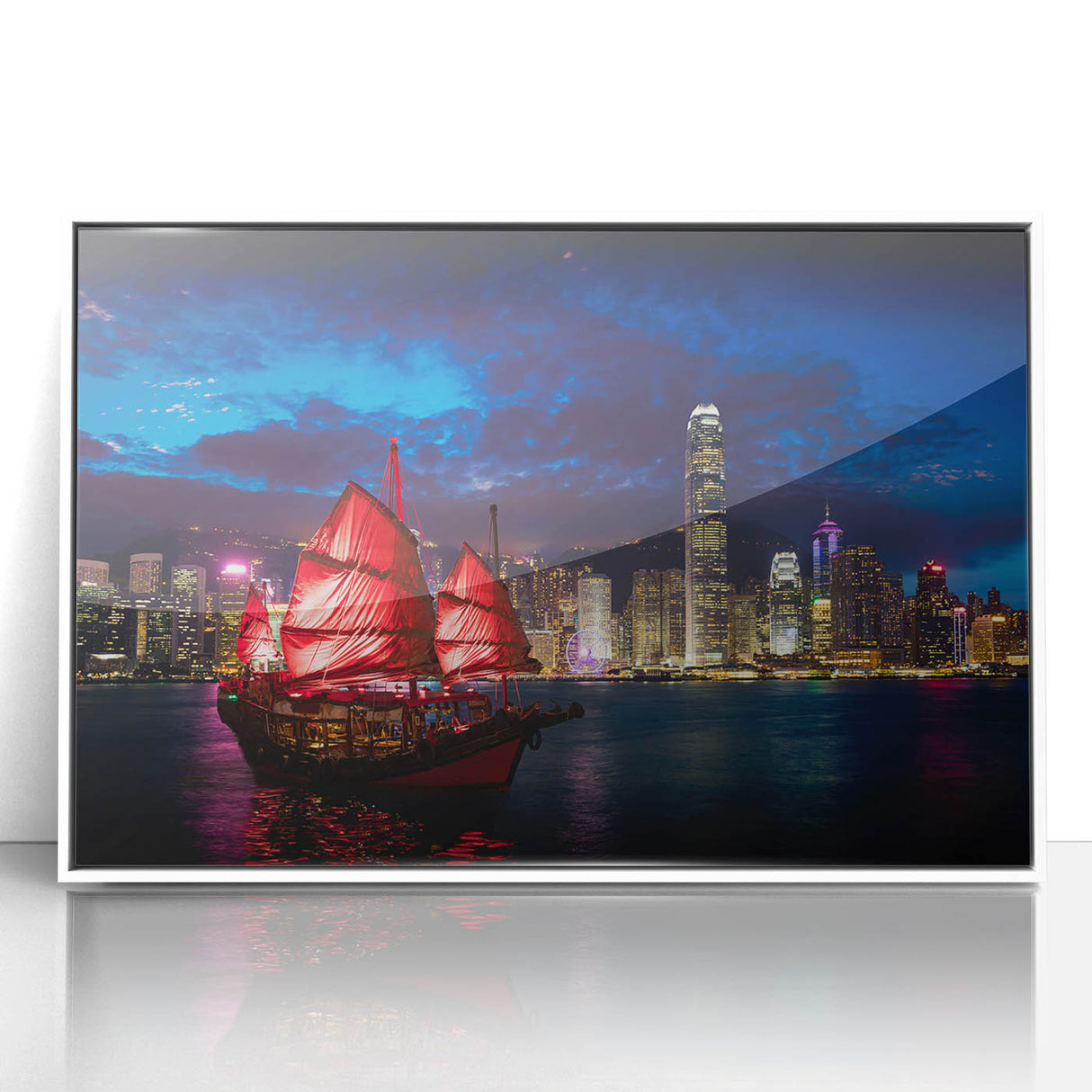 Framed acrylic print of Hong Kong skyline in art deco style, with soft pastel colors, ideal for modern art wall decor.