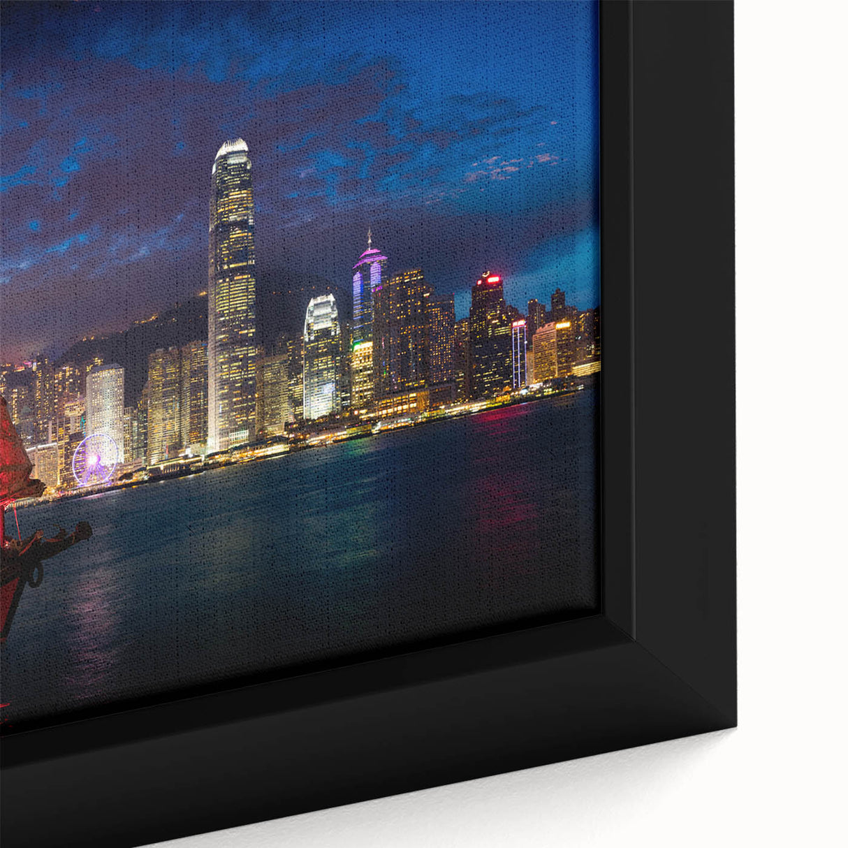 Black wall art featuring a textured, colorful Hong Kong skyline on a framed canvas, ideal for living room decor.