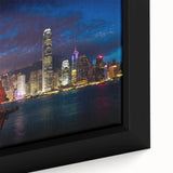 Black wall art featuring a textured, colorful Hong Kong skyline on a framed canvas, ideal for living room decor.