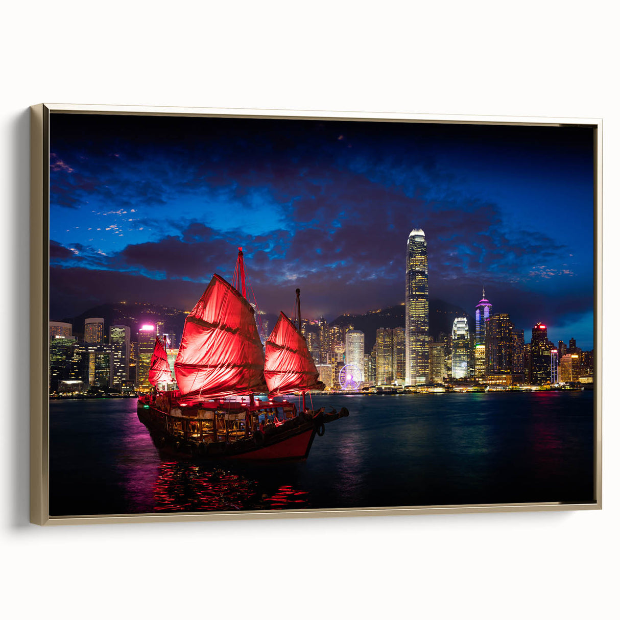 Framed canvas wall art featuring a vintage-style Hong Kong landscape in black and gold tones, ideal for bedroom decor.