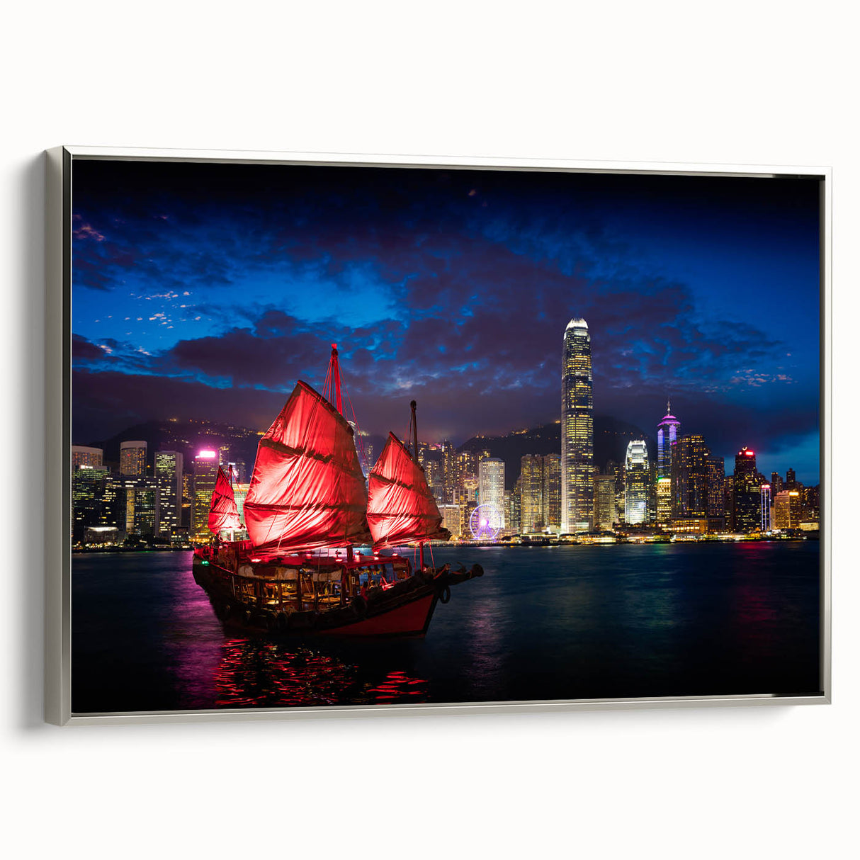 Landscape art painting of Hong Kong featuring colorful buildings on black framed canvas, ideal for modern living room decor.