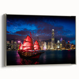 Landscape art painting of Hong Kong featuring colorful buildings on black framed canvas, ideal for modern living room decor.