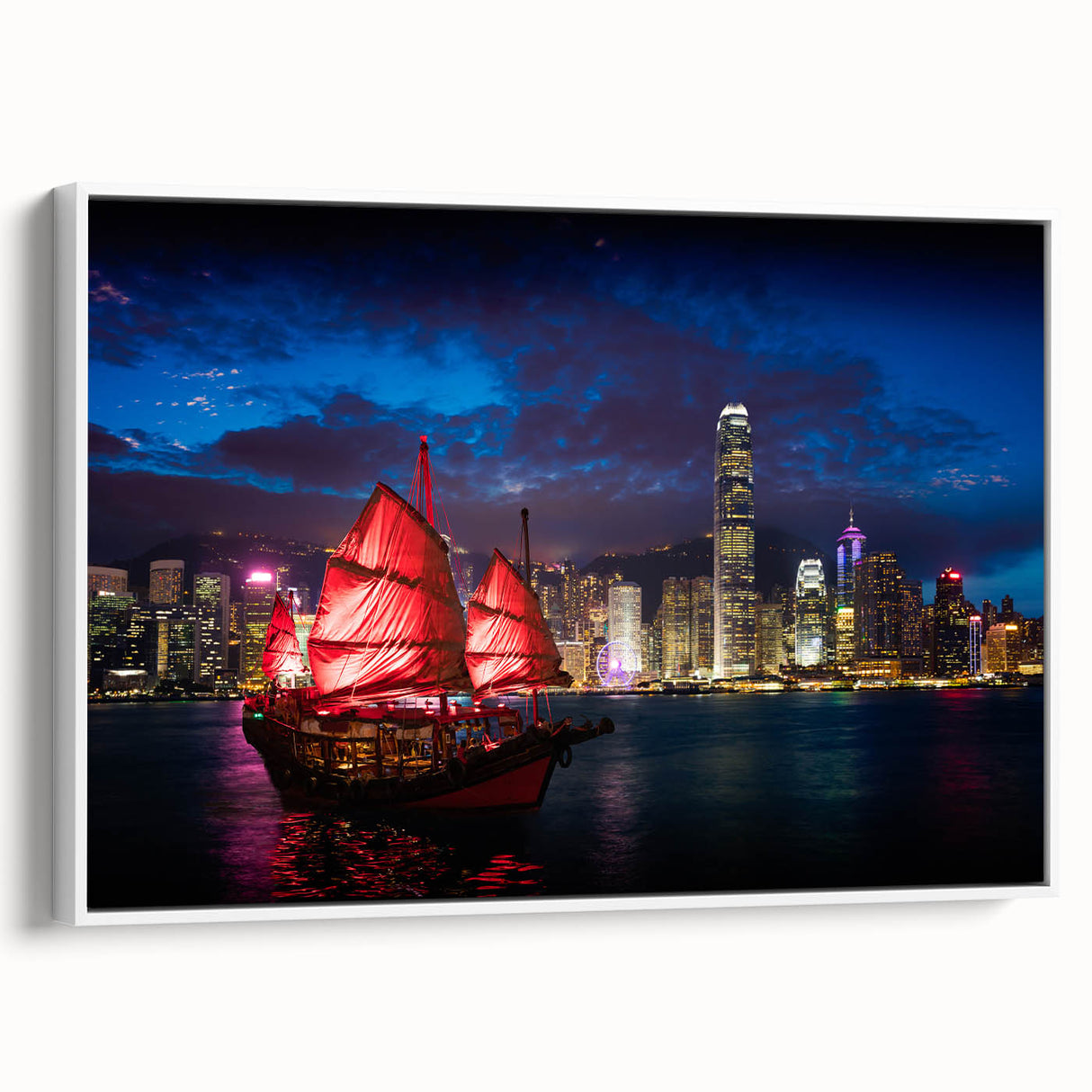 Vintage poster art of Hong Kong skyline in colorful hues on extra large framed canvas, suitable for living room decor.