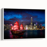 Vintage poster art of Hong Kong skyline in colorful hues on extra large framed canvas, suitable for living room decor.