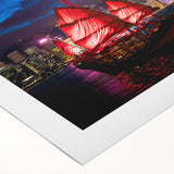 Art deco poster of Hong Kong skyline in muted gray and blue tones on rolled canvas, suitable for dining room wall art.