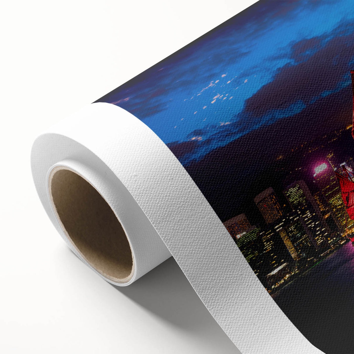 Art Deco style Hong Kong skyline on rolled canvas, in pastel shades, ideal for nursery wall art.
