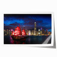 Hong Kong skyline in muted gray and blue tones on a rolled canvas, ideal for dining room wall art.