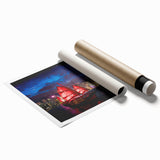 Extra large rolled print of Hong Kong skyline with floral motifs in pastel shades.