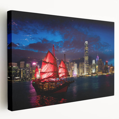 Hong Kong skyline in muted gray and blue tones on a large stretched canvas, ideal for kitchen wall art.