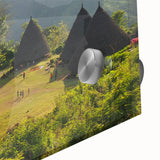 Large abstract wall art depicting a mid-century modernist Indonesian scenery in muted earth tones on acrylic glass.