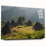 Large abstract wall art print of a serene Indonesian landscape in muted green and blue tones on acrylic glass.