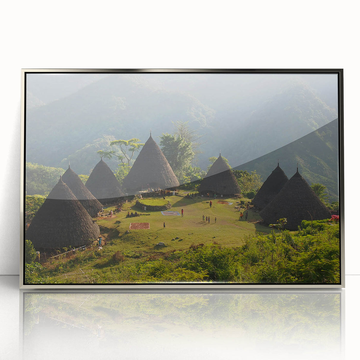 Mid-century modernist art depicting a serene Indonesian landscape in muted earth tones, framed in silver acrylic.